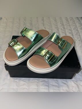 Rizzoli Metallic Green Buckle Slide Sandals